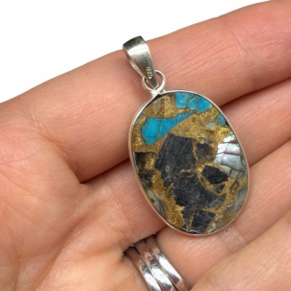 Shell in Turquoise Necklace Pendant Solid 925 Sterling Silver Oval Stone - Picture 3 of 3